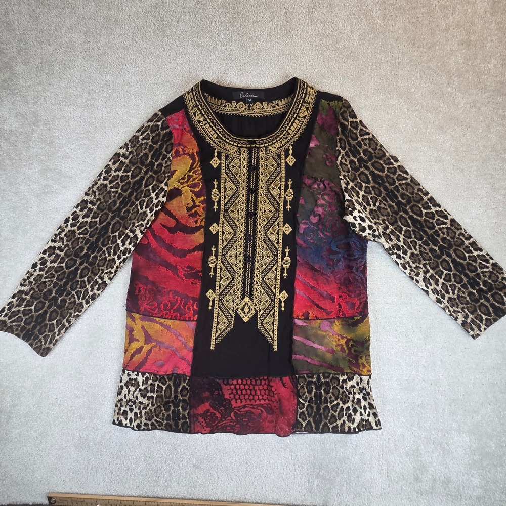 Calessa Womens Medium Leopard Print Burnout Tunic Top Boho Long Sleeve